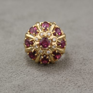 Vintage 14 Karat Yellow Gold Ruby & Diamond Cluster Ring