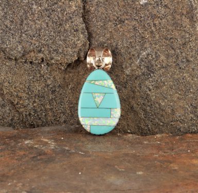 Pre-Owned Native American, Sterling Silver, Inlaid Turquoise & Synthetic Opal Pendant