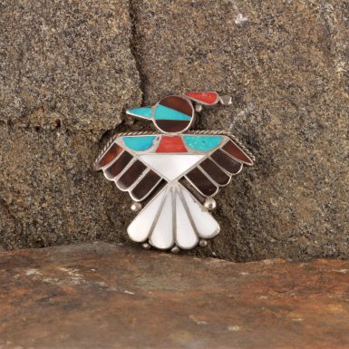 Pre-Owned Native American Thunderbird Pin, Sterling Silver with Inlaid Turquoise and Coral