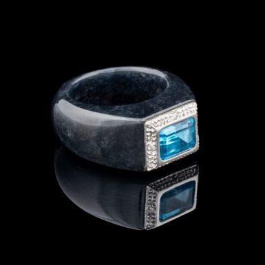 Pre-Owned Black Jade Ring with 14k and Blue Topaz