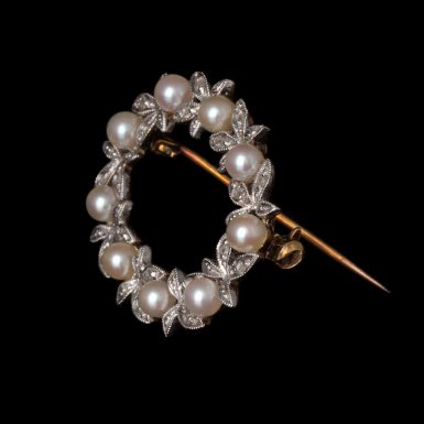 Vintage 14K Oval-Circle Pearl and Diamond Pin