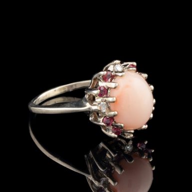 Vintage 14 Karat White Gold Coral Ring with Diamonds and Rubies