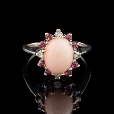 Vintage 14 Karat White Gold Coral Ring with Diamonds and Rubies